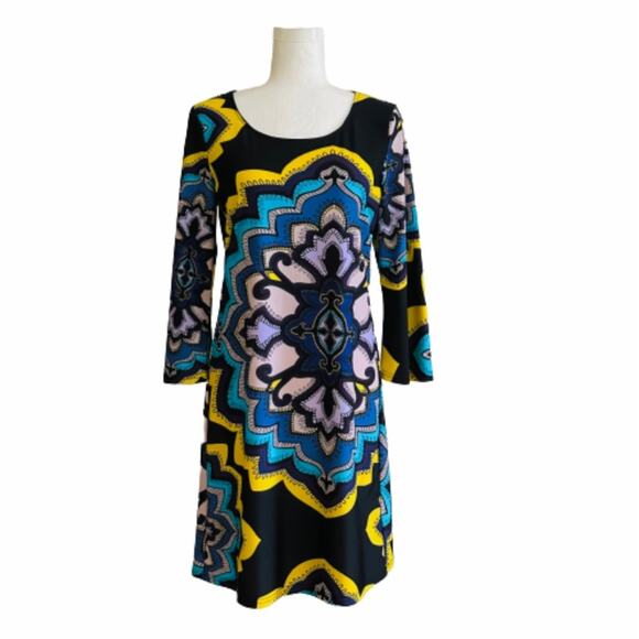 ARYEH Dress Retro Colorful Medallion Print 3/4 Bell Sleeve Shift Dress Small - Picture 1 of 10